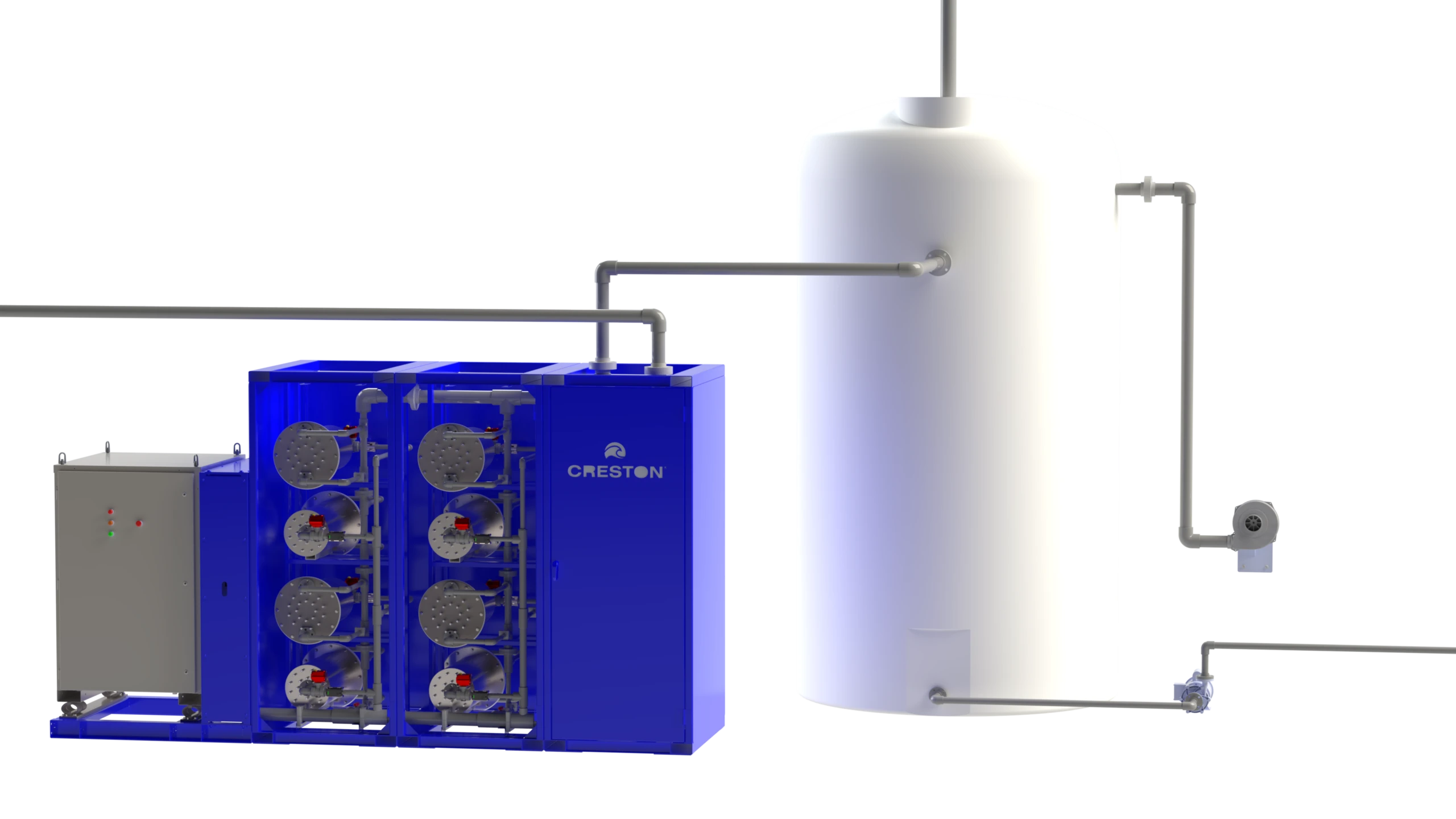 Creston hypochlorite generation system rendering with tank and piping