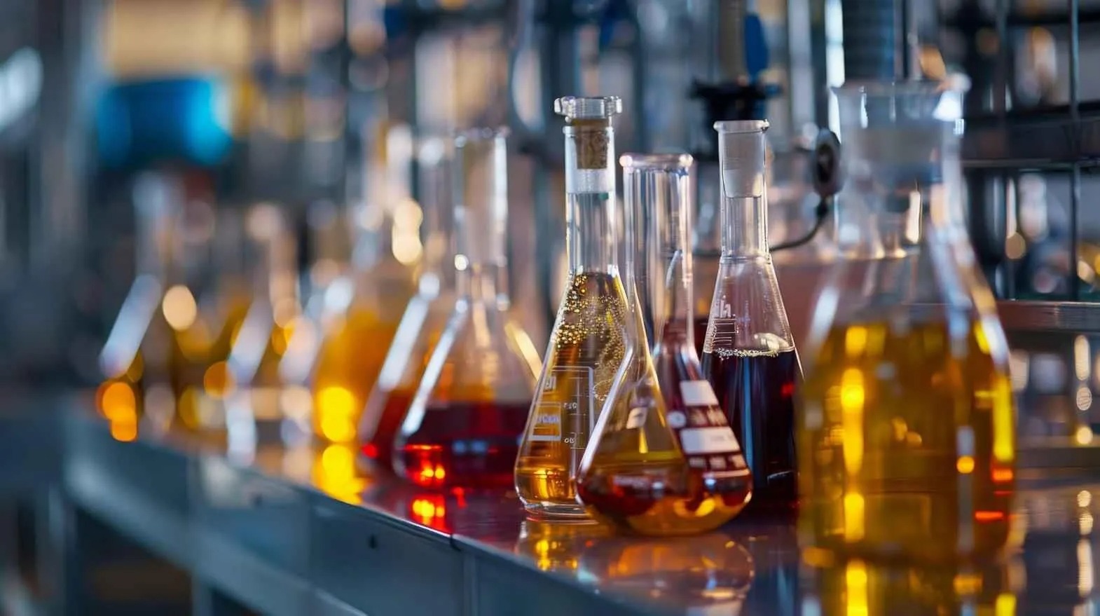 Laboratory flasks with specialty chemical samples